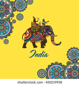 Indian maharaja sitting on elephant decorated mandala ornament. Vector illustration