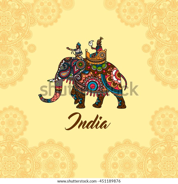 Indian maharaja sitting on elephant\
decorated mandala ornament. Vector\
illustration