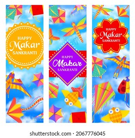 Indian Makar Sankranti holiday vector banners with cartoon kites in blue sky. Hindu religion holiday or festival colorful paper wind toys in shape of bird, dragonfly and butterfly flying in cloudy sky