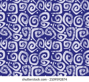 Indian, Malaysia, Indonesia ethnic tribal seamless pattern. White scratched stamp swirls and on blue background. Batik pattern for textile, cover, package design