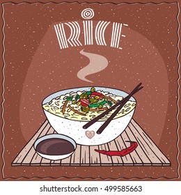 Indian or Malaysian dish of steamed rice and vegetables, known as Dal bhat or Nasi kandar, in white bowl on wooden mat with chopsticks. Nearby chili pepper. Hand drawn. Vector illustration svg