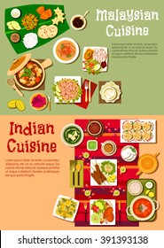 Indian and malaysian national cuisine with rice and curry, kebab and fresh vegetables, meat stew, noodles with prawns and tofu, spicy tandoori chicken and exotic fruits, desserts and beverages