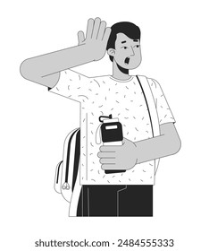 Indian male backpack sightseer holding water bottle black and white 2D line cartoon character. Surprised guy backpacker isolated vector outline person. Traveler monochromatic flat spot illustration