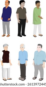 Indian male characters set with various ages,dress and colors.Asiam men standing pose collection isolated on white background