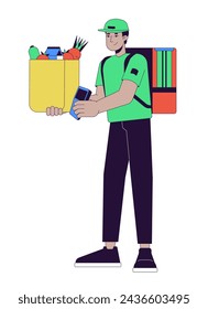 Personaje de dibujos animados lineal 2D de mensajería masculina india. Hombre de Asia del Sur en uniforme aislado línea vector persona fondo blanco. Servicio de entrega de bolsa de alimentos de retención de color ilustración de punto plano