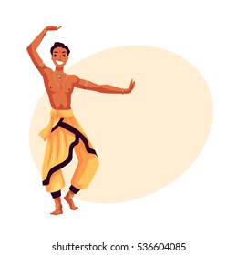 Indian male dancer in traditional harem pants, cartoon vector illustration on background with place for text. Traditional Indian male dancer wearing baggy pants and ankle brecelets, Bollywood