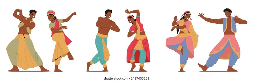 Bailarines Hombres Indios Muestran Movimientos Poderosos Con Intrincados Trabajos De Pie, Mientras Que Las Bailarinas Muestran Gracia Y Gestos De Mano Expresivos, Ambos Encarnando La Rica Forma Cultural Tradicional De Danza India