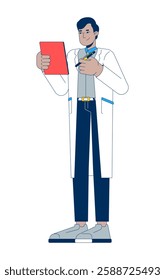 Indian male doctor in white coat holding clipboard and pen 2D cartoon character. Healthcare professional documentation isolated person flat vector on white background. Spot illustration colorful