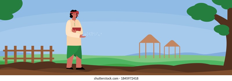 Indian male farmer works in field. Man throwing seeds into the ground. Traditional agriculture in India. Vector flat illustration. Horizontal banner.