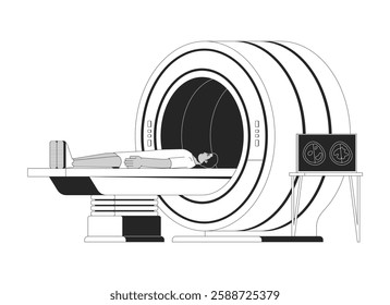 Indian male patient undergoing MRI scan black and white 2D line character. Man lying on scanner bed during diagnostic procedure isolated vector outline person. Monochromatic spot illustration