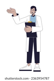 Indian male scientist with document flat line color vector character. Discussion. Editable outline full body person on white. Simple cartoon spot illustration for web graphic design