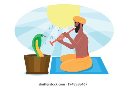 Indian male snake charmer is playing pipe flute for dancing cobra naja naja. Flat abstract metaphor cartoon vector illustration concept design. Simple art isolated on white background.