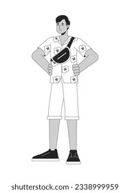 Indian male tourist with crossbody bag flat line black white vector character. Editable outline full body person. Man hawaiian shirt simple cartoon isolated spot illustration for web graphic design