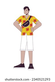 Turista indio masculino con bolsa de cuerpo cruzado de color de línea plana de carácter vector. Esquema editable persona de cuerpo completo en blanco. Hombre con camiseta hawaiana simple caricatura ilustraciones puntuales para diseño gráfico web