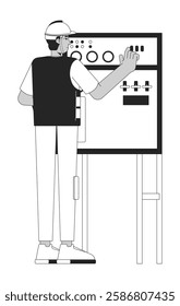 Indian male worker operating drilling control panel black and white 2D line character. Industrial equipment. South asian man operator isolated vector outline person. Monochromatic spot illustration