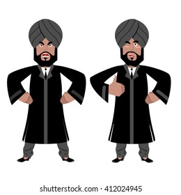 Indian man Angry, aggressive and good businessman in India. Hindu in turban and tie. Traditional costume. Sign all right. Thumbs up. Hand showing ok.  Maharajah set