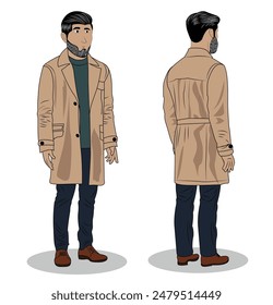 hombre indio detrás y delante tres cuartos de vista diseño de personajes de dibujos animados