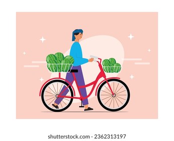 Indian man in blue shirt and headband walks pushing a bicycle, with harvest watermelons in the field. Character design. Vector flat illustration