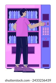 Indian man buying beverage vending machine 2D linear cartoon character. Adult male purchasing water bottle isolated line vector person white background. Press push button color flat spot illustration