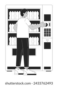 Indian man buying beverage vending machine black and white 2D line cartoon character. Adult male purchasing water bottle isolated vector outline person. Consumer monochromatic flat spot illustration