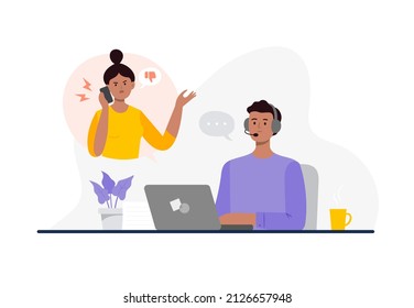 An Indian man from a call center can not dealing with a customer problem. Online global technical support 24 7. Customer support department staff, telemarketing agents. Vector flat illustration.