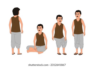 Juego de personajes de caricatura de un hombre indio, personaje masculino de un granjero para dibujos animados, juego de personajes de un pobre granjero indio, vector de un niño pobre en la India, personaje de un chico