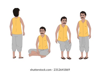 Indian man cartoon character set, Farmer Male Character for Cartoon, Indian poor farmer character set, Indian poor boy vector , Boy character