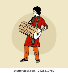 Indian Man celebrating Holi festival, playing dhole, dancing vector illustration hand-drawn style 