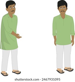 Indian Man character for cartoon animation. Indian village poor man character wearing shirt pants