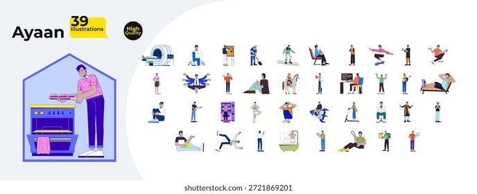 Personaje de hombre indio con trabajo y estilo de vida casual ilustraciones planas de dibujos animados mega Paquete. Usando gadgets, trabajos, relajantes, hobbies Imágenes 2D aisladas en blanco. Dibujos de Vector de colección coloridos