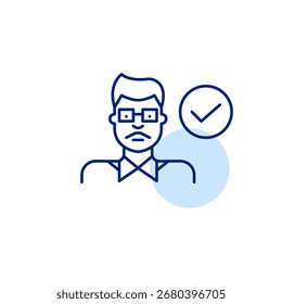Hombre indio y marca de verificación. Identidad verificada, inclusión cultural. Icono de Vector de trazo perfecto y editable