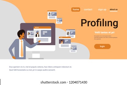 indian man choosing different user job vacancy candidate profiling concept profile resume with photo flat copy space horizontal portrait vector illustration