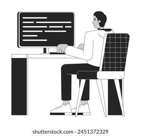 Indian man developing computer software black and white 2D line cartoon character. Web designer working isolated vector outline person. Software engineering monochromatic flat spot illustration