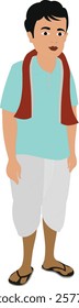 Indian man in dhoti kurta. Indian traditional young man, wearing traditional dress with dhoti, kurta, scarf and slippers. Bengali north Indian man full body standing cartoon character.