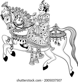 Indian man doing horse riding with decorative Indian horse. Indian wedding symbol groom on decorative wedding horse line art drawing illustration black and white clip art. 