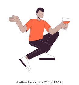 Indian man drinking cocktail 2D linear cartoon character. South asian guy holding wineglass isolated line vector person white background. Cheers young adult male color flat spot illustration