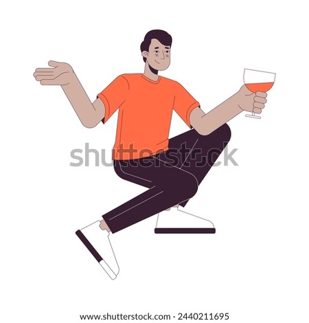 Indian man drinking cocktail 2D linear cartoon character. South asian guy holding wineglass isolated line vector person white background. Cheers young adult male color flat spot illustration