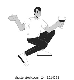 Indian man drinking cocktail black and white 2D line cartoon character. South asian guy holding wineglass isolated vector outline person. Cheers young adult male monochromatic flat spot illustration