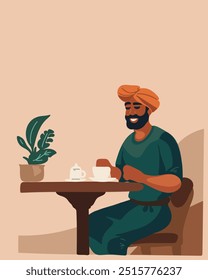 Hombre indio bebiendo café en la mesa