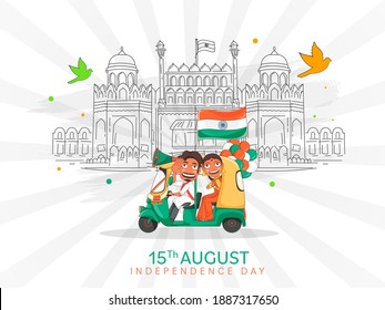 Indian Man Driving Auto with Woman Doing Namaste, Indian Flag, Balloons and Line Art Red Fort Monument on White Rays Background for 15th August Celebration.