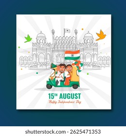 Homem indiano dirigindo automóvel com mulher fazendo Namaste, bandeira indiana, balões e linha de arte Red Fort Monument no fundo de raios brancos para a celebração de 15 de agosto.