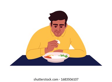 Indian Man Eating Rice With Hands Semi Flat RGB Color Vector Illustration. Ethnic Oriental Cuisine. Young Dark Skin Man Enjoying Traditional Asian Dish Isolated Cartoon Character On White Background