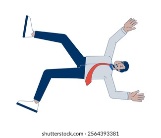 Indian man employee slip and fall office 2D cartoon character. South asian corporate guy falling down. Accident stumble isolated person flat vector on white background. Spot illustration colorful