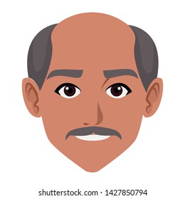 indian man face with moustache and bald profile picture avatar cartoon character portrait vector illustration graphic design