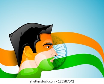 Cara de hombre indio pintada con los colores de trío de la bandera india. EPS 10.