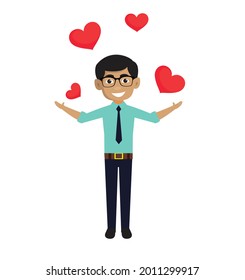 Illustration zum indischen Mann Floating Hearts Flaches Vektorgrafik 