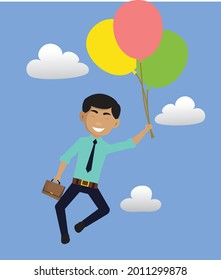 Hombre indio volando con globos e ilustración de la caricatura de un vector plano 
