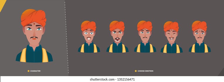 Indian man guy character set of emotions. Young cartoon character man in national closes for animation and motion design.  Set emotion faces in cartoon style - vector