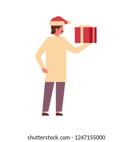 indian man hold gift box present merry christmas happy new year holiday celebration concept full length male cartoon character isolated flat