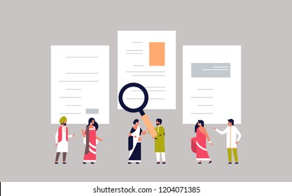 indian man hold magnifying zoom cv resume team choosing people candidate for vacancy job position recruitment concept flat horizontal vector illustration
